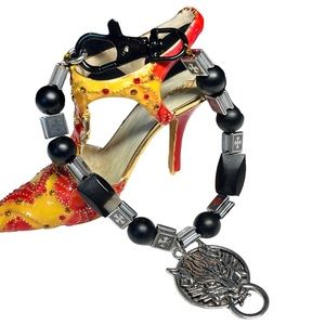 Chunky black onyx and stone beaded bracelet-Final fantasy charm